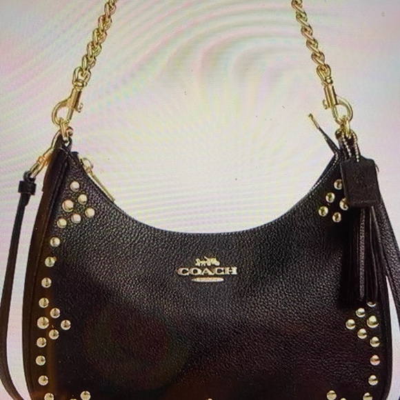 New Coach Black Teri Gold Studded Shoulder Bag $360 - Picture 3 of 7